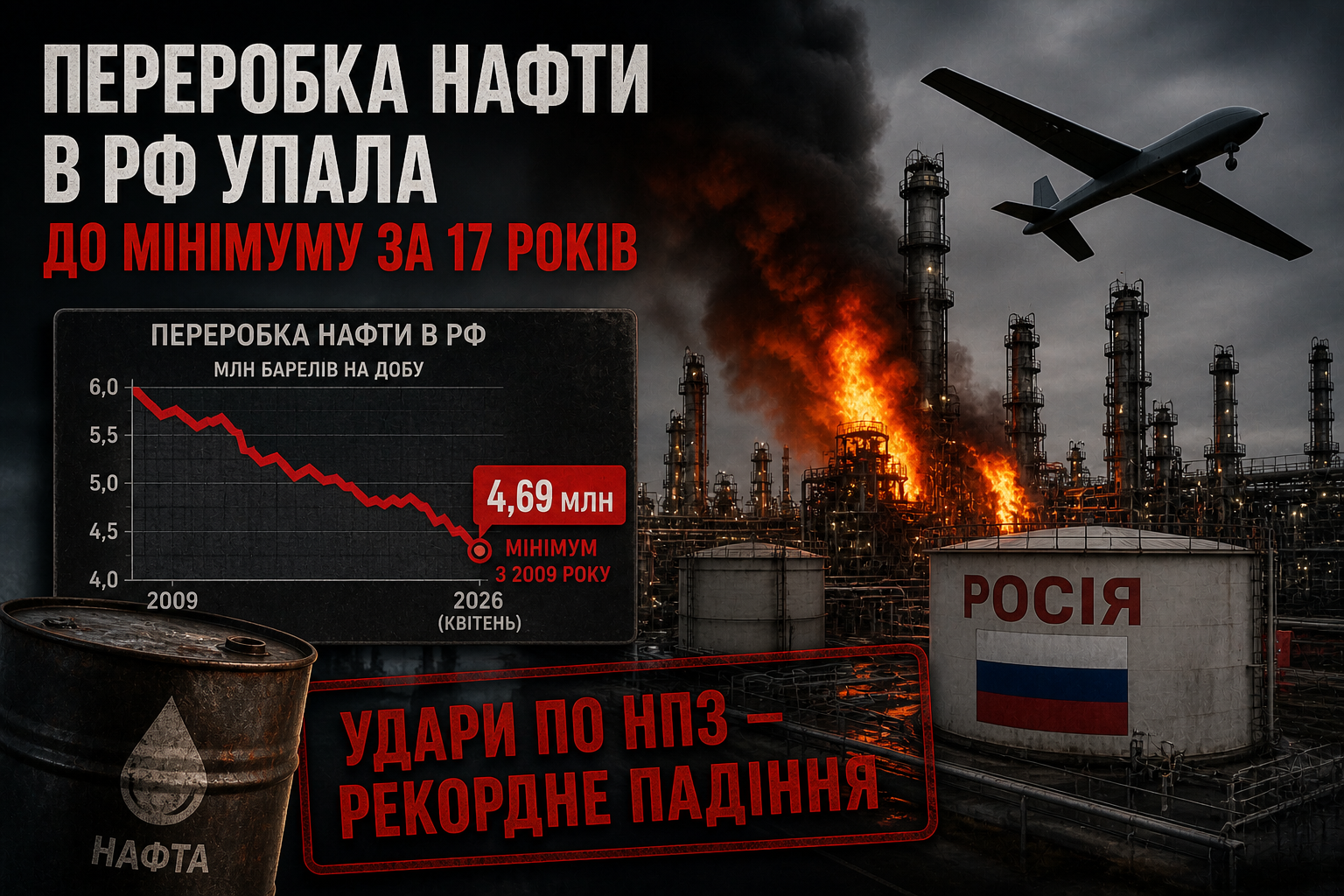 Фото до матеріалу: Російська нафтопереробка впала до мінімуму за 17 років через атаки дронів