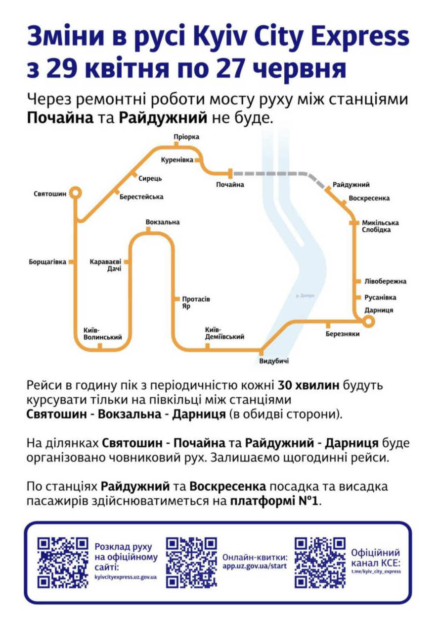 Фото до матеріалу: Змінено рух Київської кільцевої електрички до 27 червня: деталі новий графік