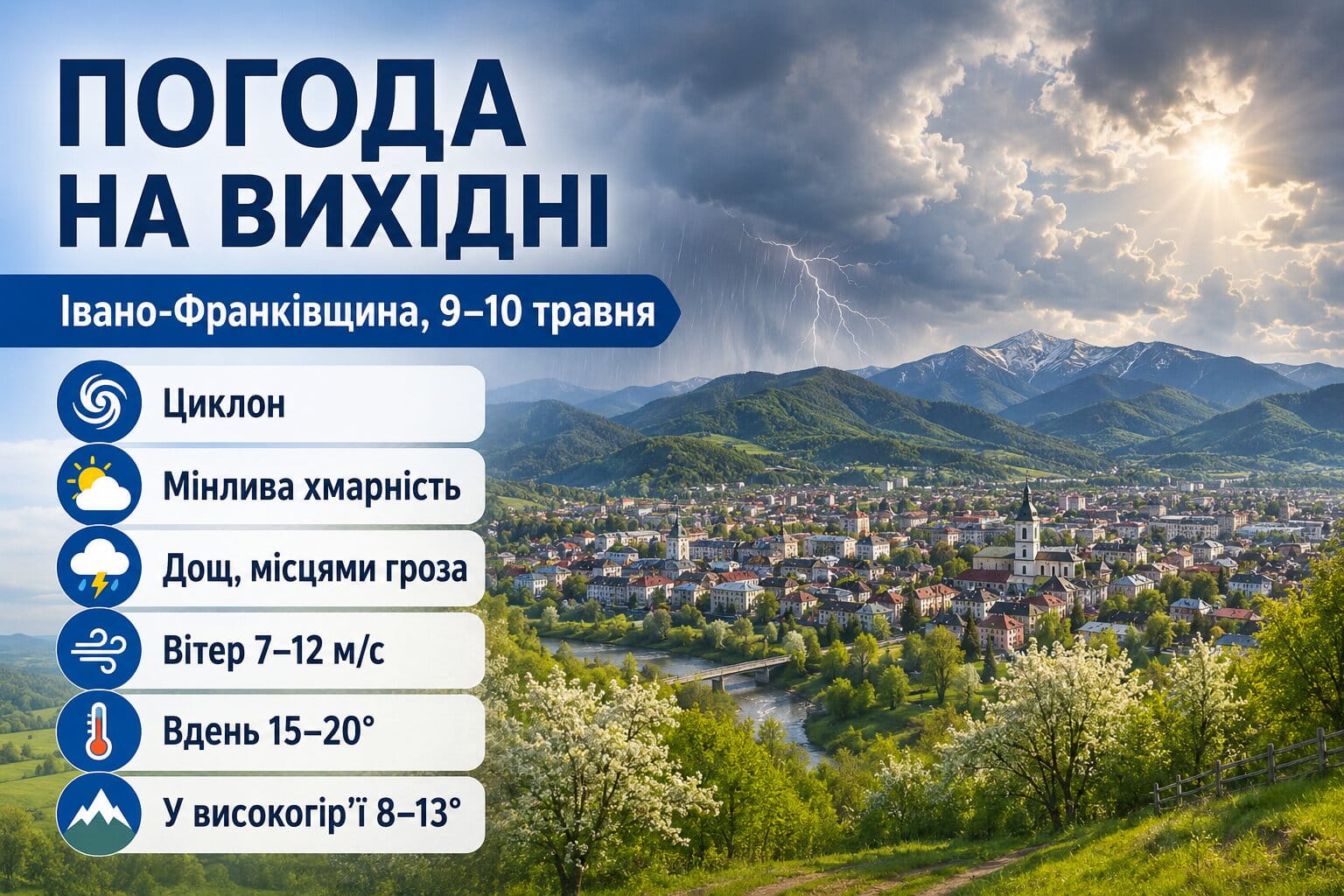 Фото до матеріалу: Циклон на Івано-Франківщині у вихідні: дощі, грози та температура до 20 градусів