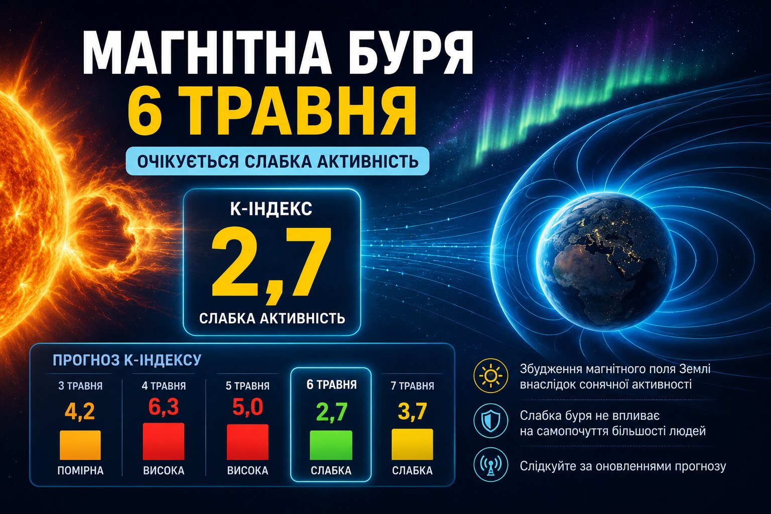 Фото до матеріалу: Магнітна буря 6 травня: очікується слабкий рівень збурень
