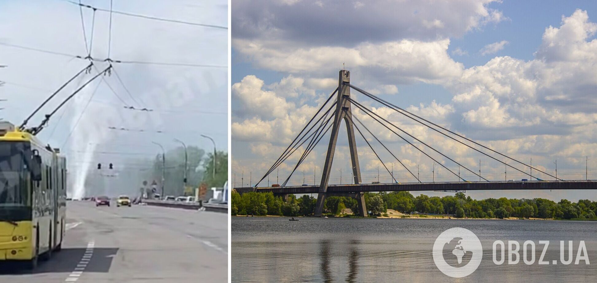 Фото до матеріалу: У Києві на Північному мосту прорвало трубу: стовп води сягає 10 метрів