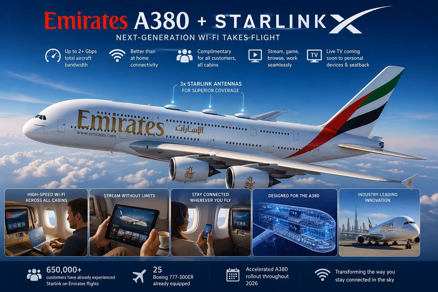 Фото до матеріалу: Starlink нового покоління на борту Emirates A380: інтернет швидше за домашній