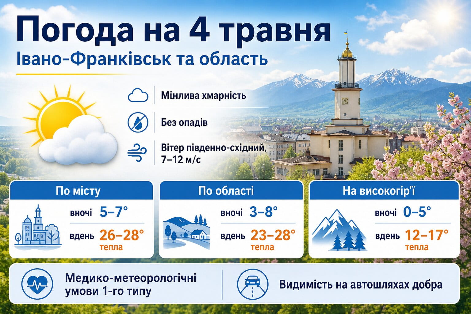 Фото до матеріалу: У Івано-Франківську 4 травня буде до 28° тепла: суха погода і мінлива хмарність