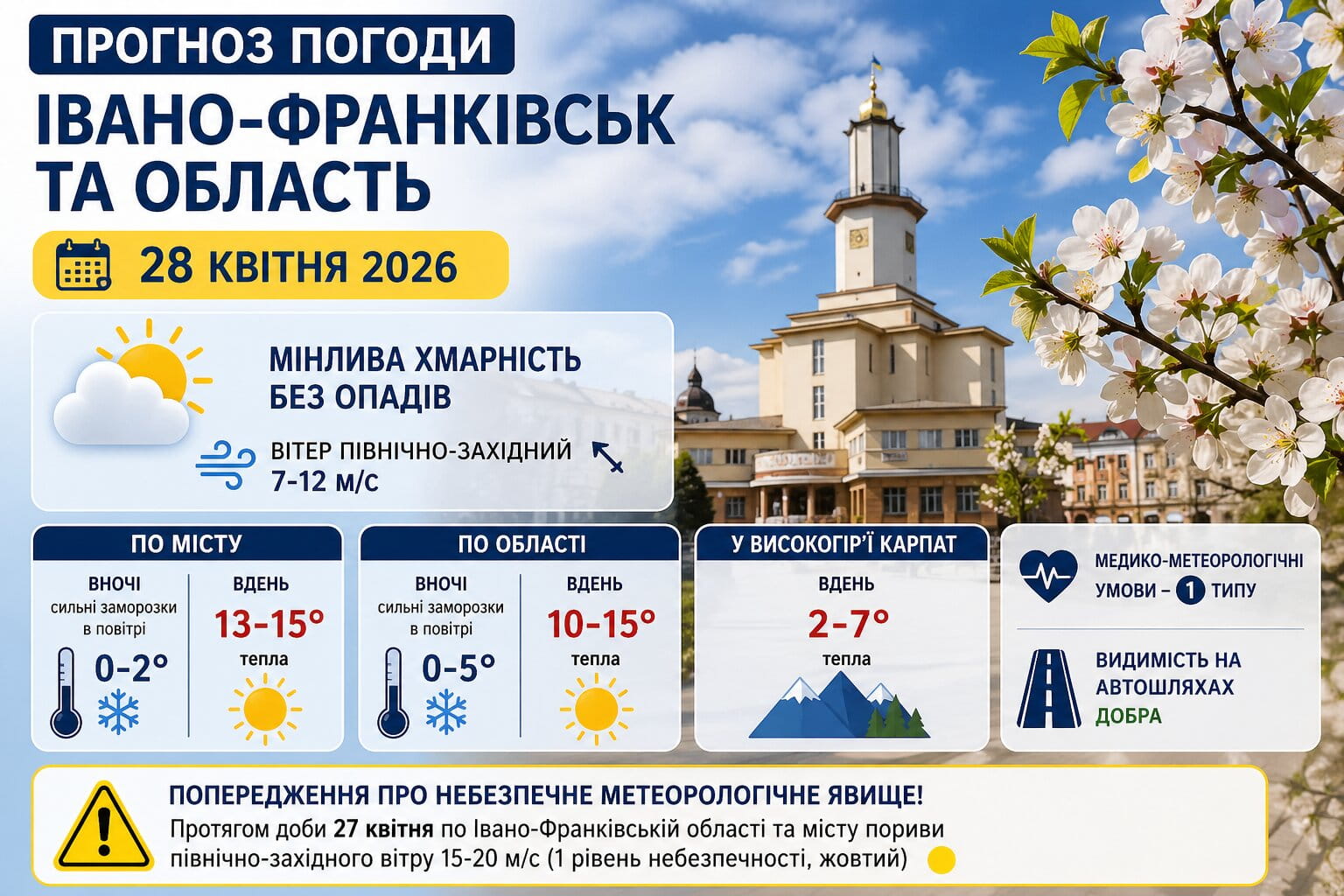 Фото до матеріалу: Заморозки та пориви вітру до 20 м/с: погода в Івано-Франківську 28 квітня