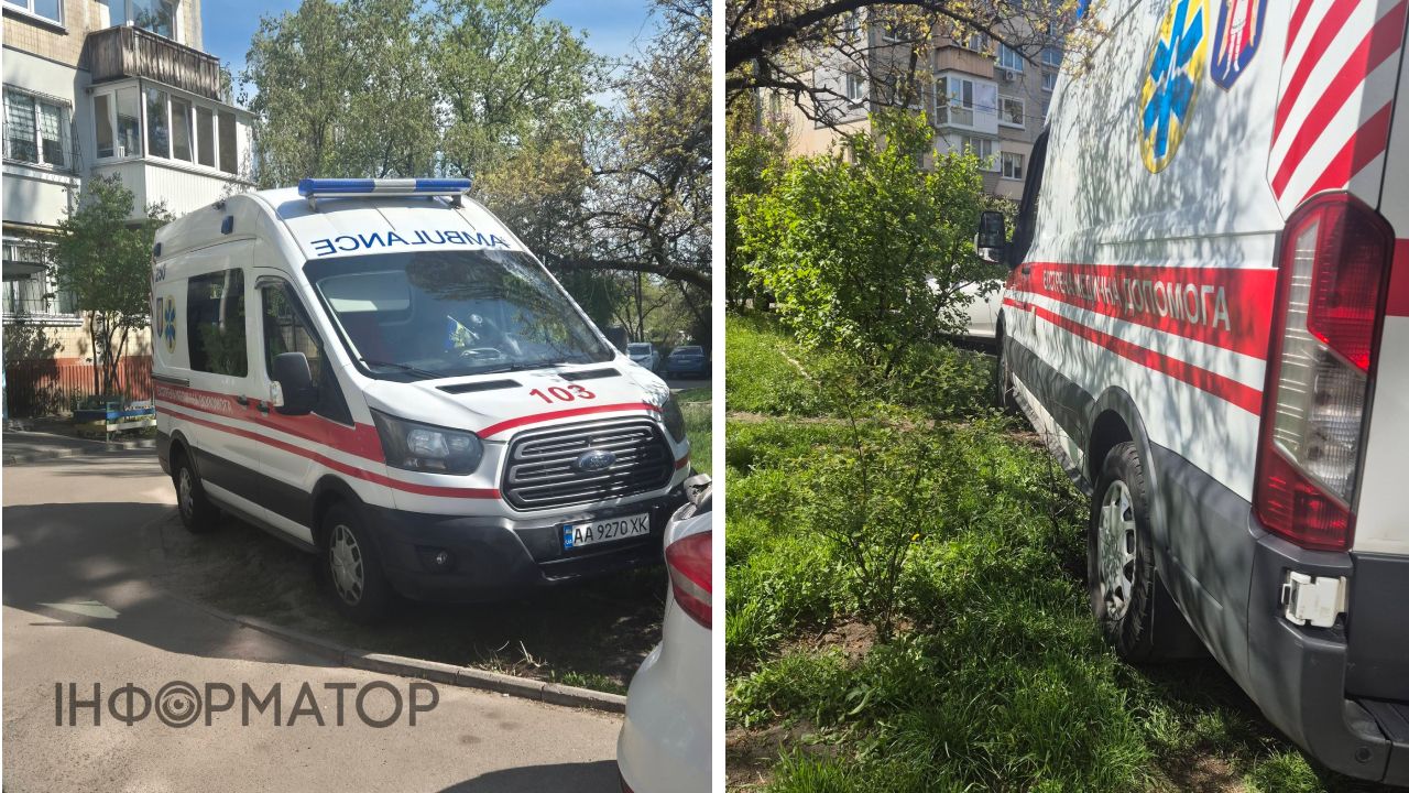 Фото до матеріалу: Карета швидкої заїхала на газон у дворі Воскресенки: кияни розділились у коментарях