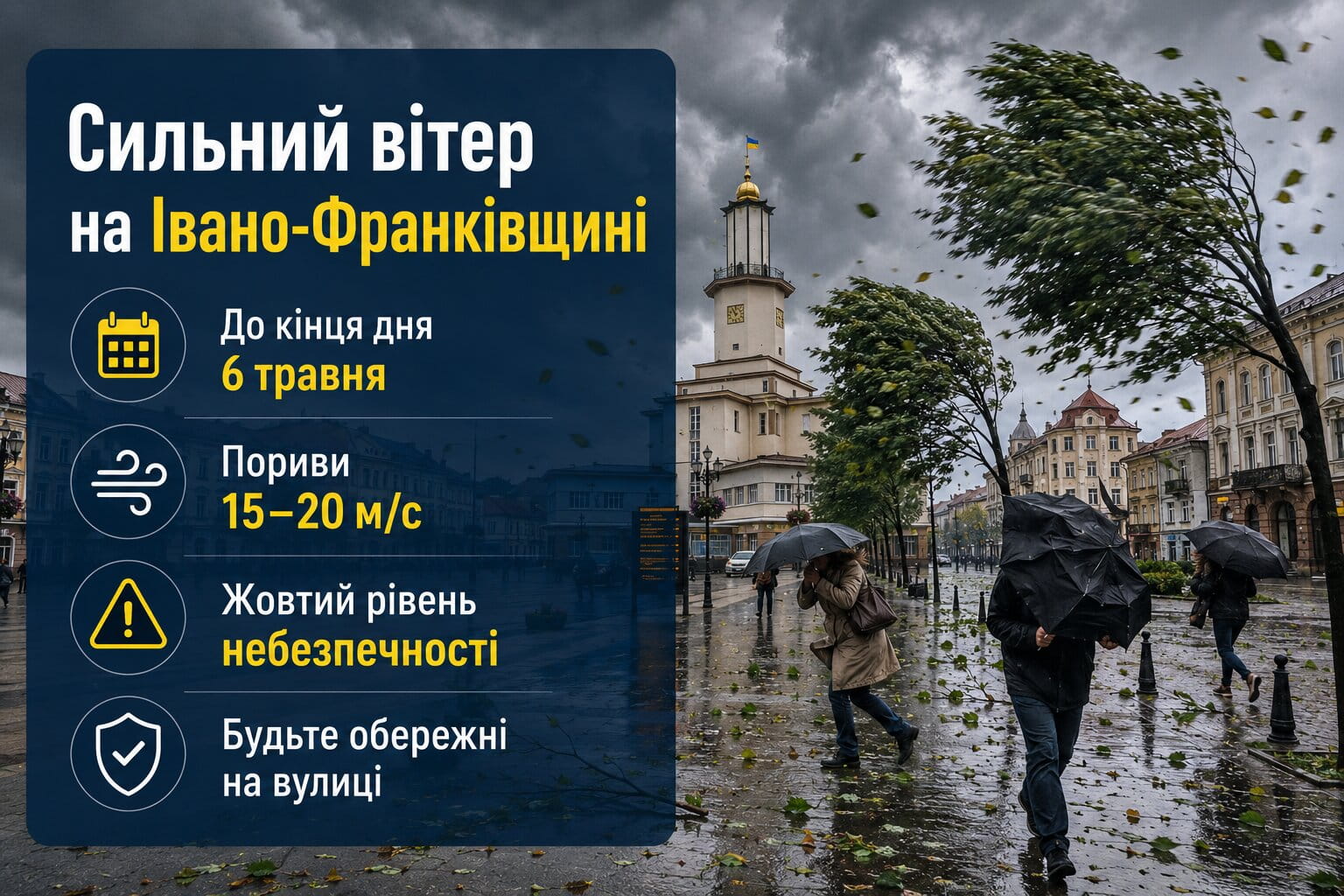 Фото до матеріалу: Жовтий рівень небезпеки на Івано-Франківщині: до кінця дня 6 травня очікуються пориви вітру до 20 м/с
