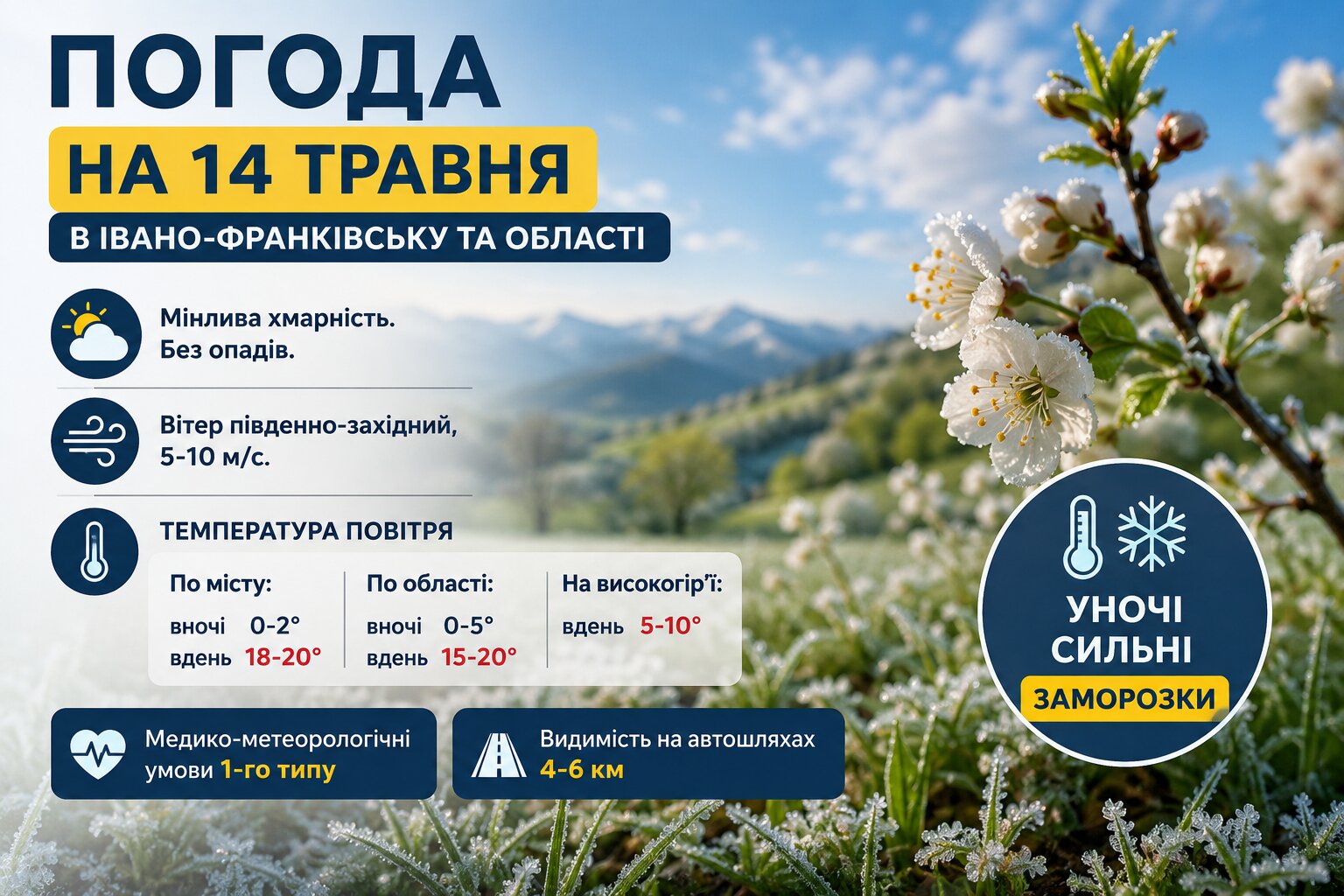 Фото до матеріалу: Погода на Івано-Франківщині 14 травня: заморозки вночі та тепла вдень
