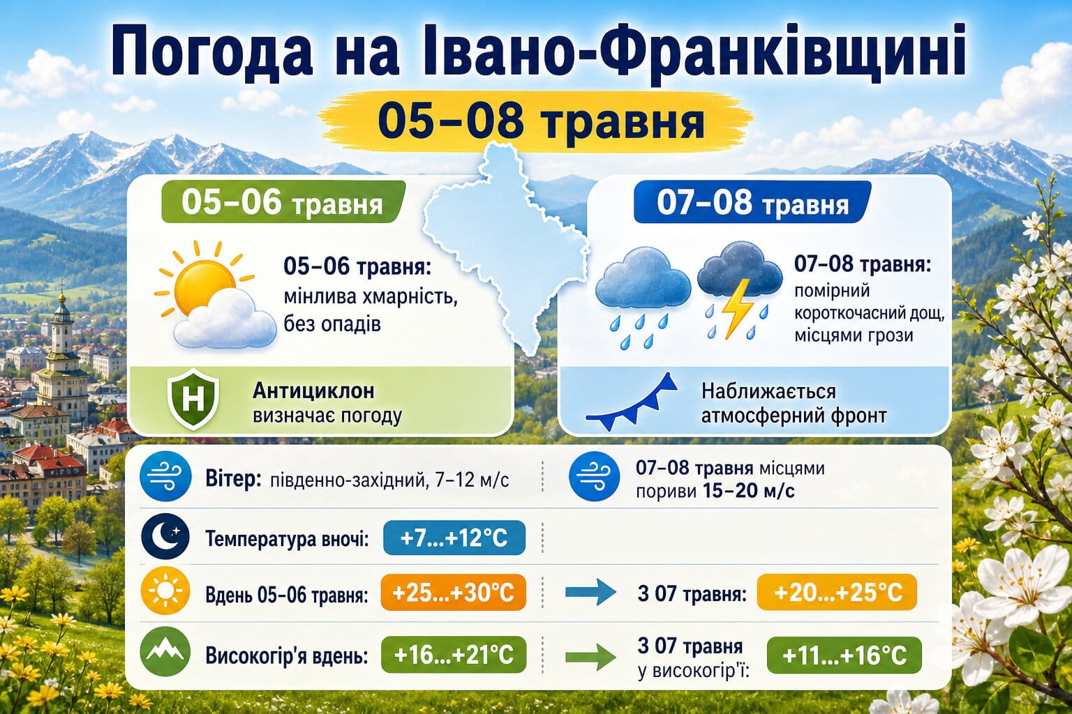 Фото до матеріалу: Якою буде погода на Івано-Франківщині 5–8 травня: дощі та грози наприкінці тижня