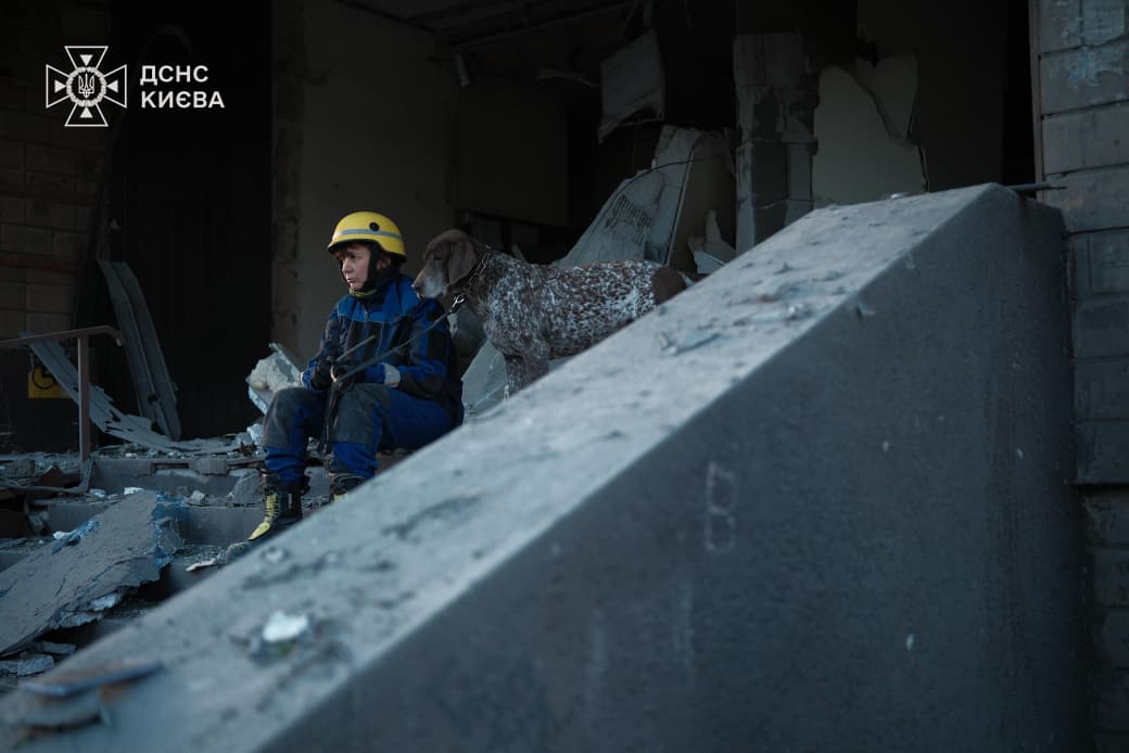 Фото до матеріалу: Службові собаки ДСНС обстежили понад 500 кв.м. на місці влучання в Дарницькому районі