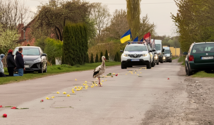 Фото до матеріалу: Лелека вийшов на дорогу під час прощання з полеглим воїном на Волині