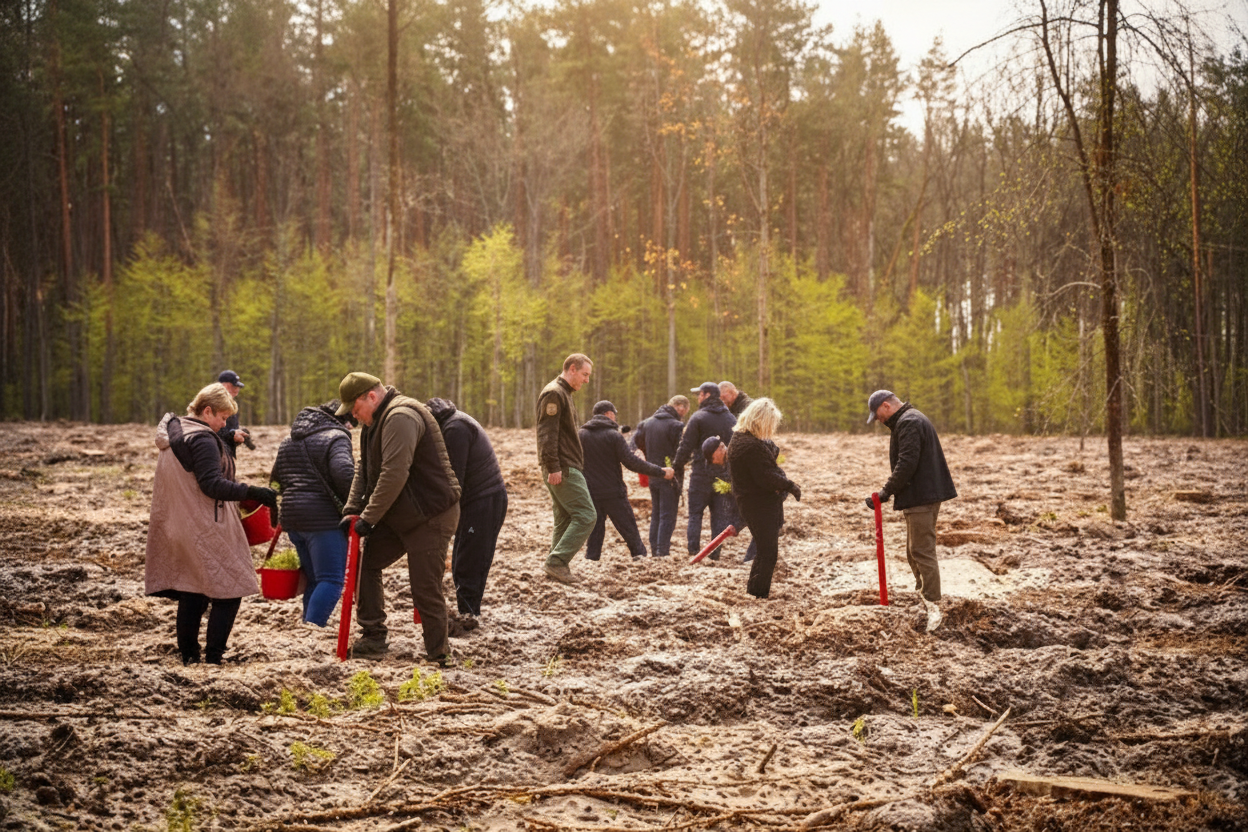 Фото до матеріалу: Відновлення Київщини: на розмінованій землі Бородянки висадили 6000 дерев