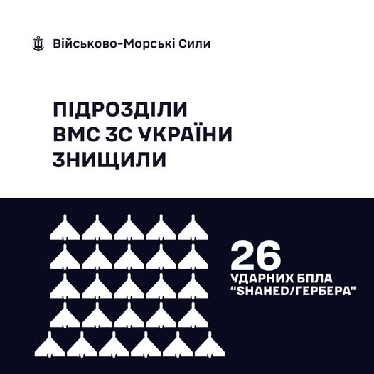 Фото до матеріалу: ВМС ЗСУ знищили 26 російських дронів «Шахед» та «Гербер» 22 квітня