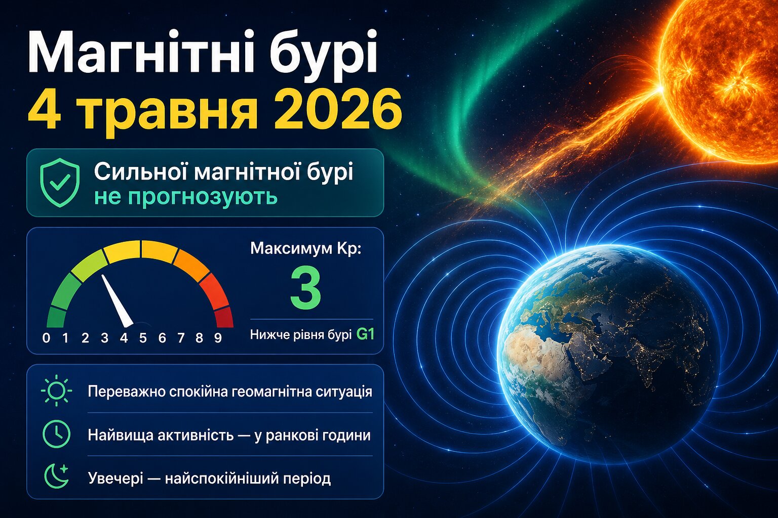 Фото до матеріалу: Магнітна буря 4 травня 2026: прогноз погоди та поради для метеозалежних