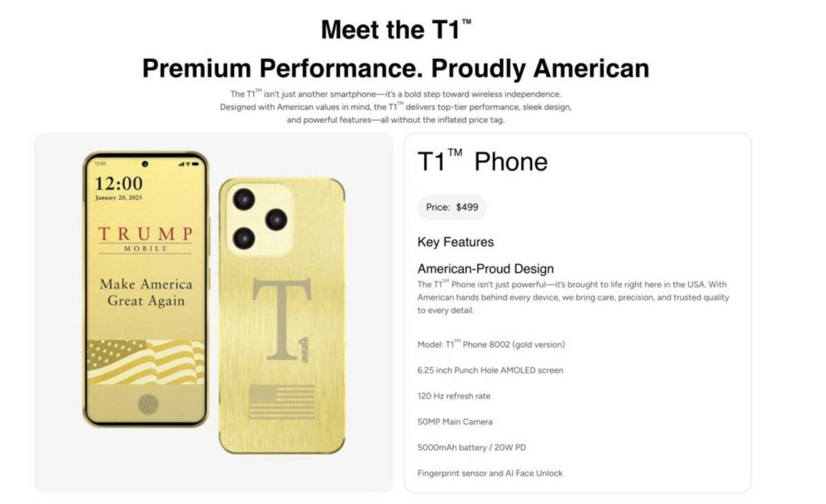 Фото до матеріалу: Смартфони Дональда Трампа T1 Phone почали постачання в США