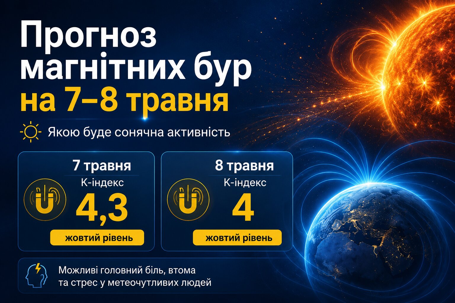 Фото до матеріалу: Магнітна буря жовтого рівня очікується в Україні 7–8 травня: що відомо про прогноз