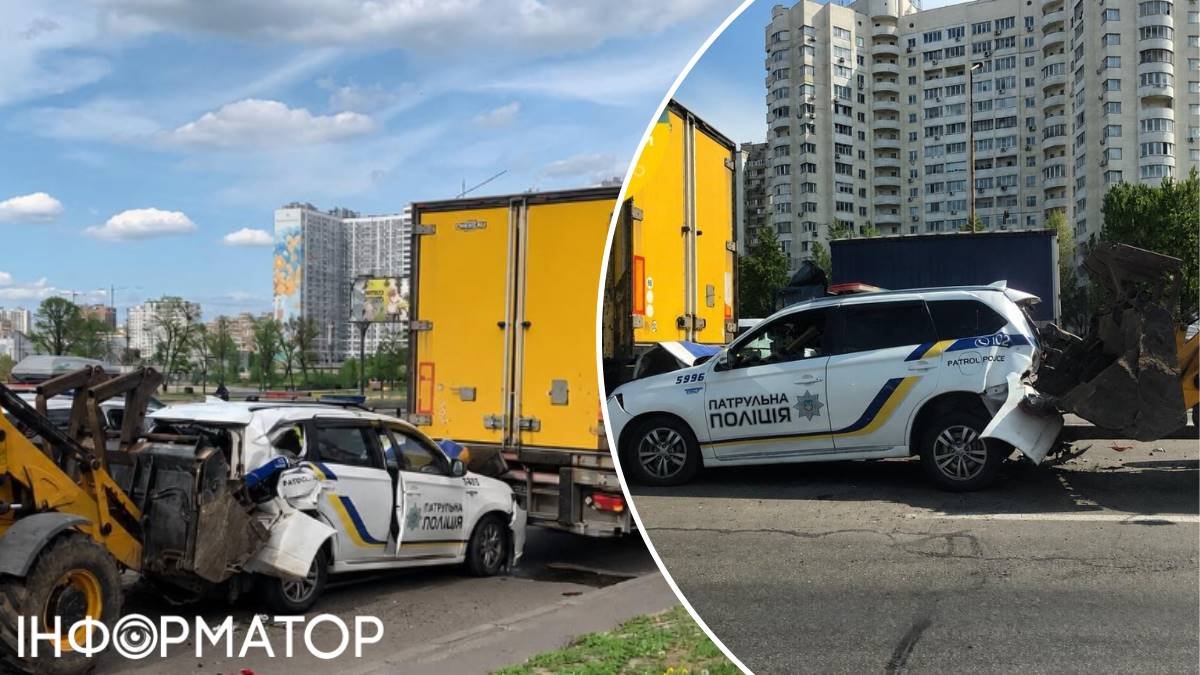Фото до матеріалу: Поліцейський Mitsubishi затиснуло між вантажівкою та екскаватором у Дарниці
